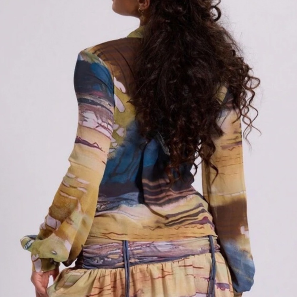 Musera Sheer Abstract Landscape Wired Open Front Long Sleeve Top Small - Picture 2 of 10